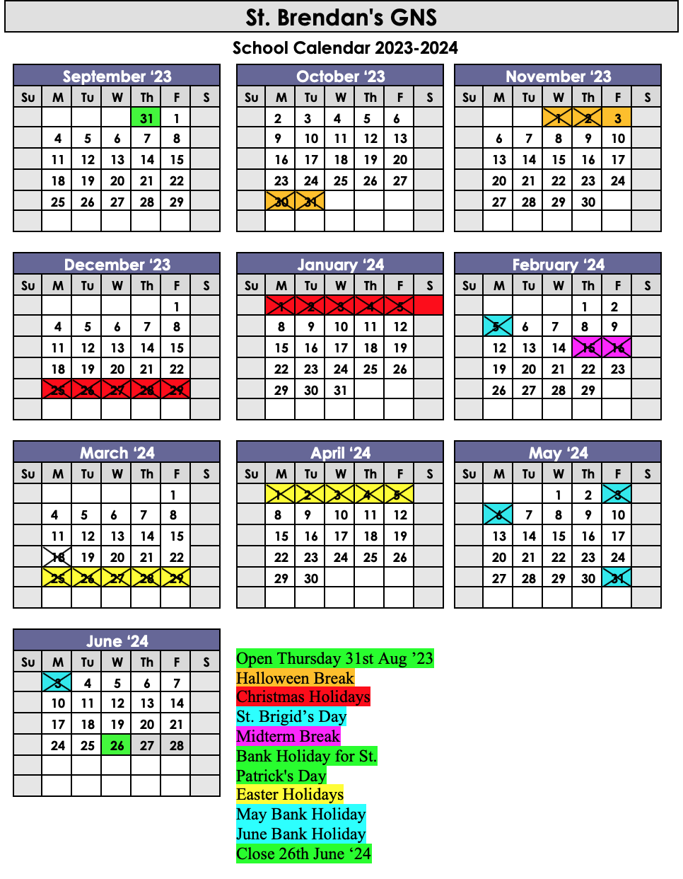 Calendar - St Brendan's Girls' School, The Glen Cork